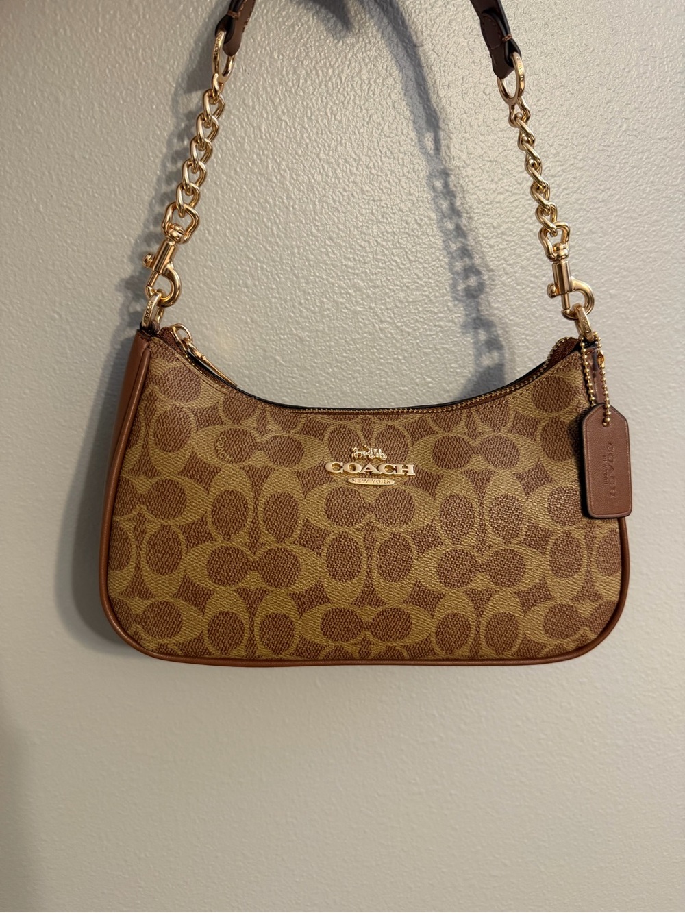 Coach Brown Signature Canvas Shoulder Bag with Gold Chain Strap